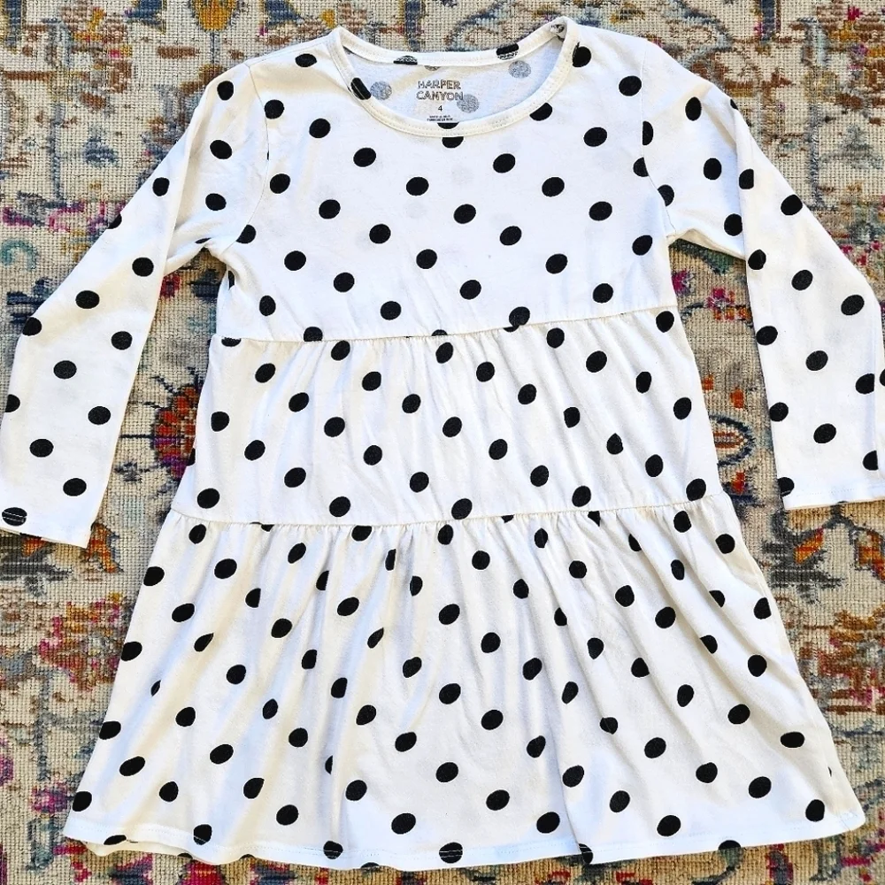 Harper Canyon White Poka-Dot Long Sleeve Spring Dress, sz 4